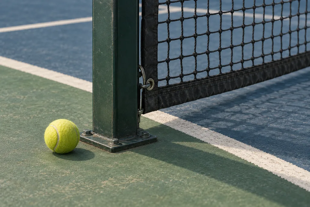 Gros plan sur un piquet de simple au bord d'un filet de tennis avec une balle qui le frôle.