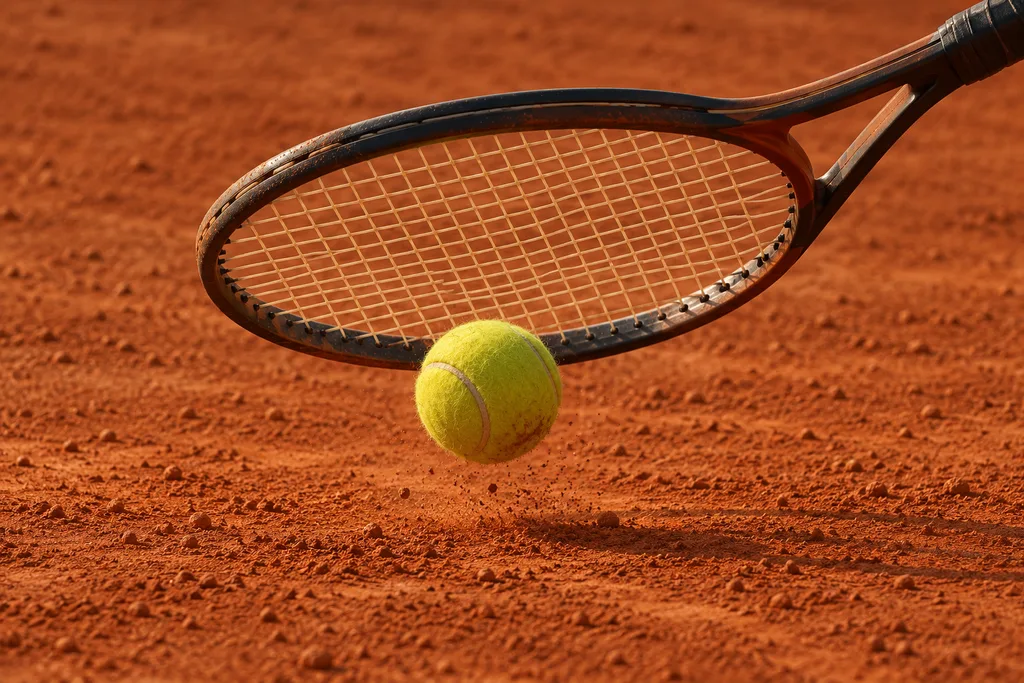 Raquette frappant une balle de tennis juste après son rebond au ras du sol, gros plan sur le geste.