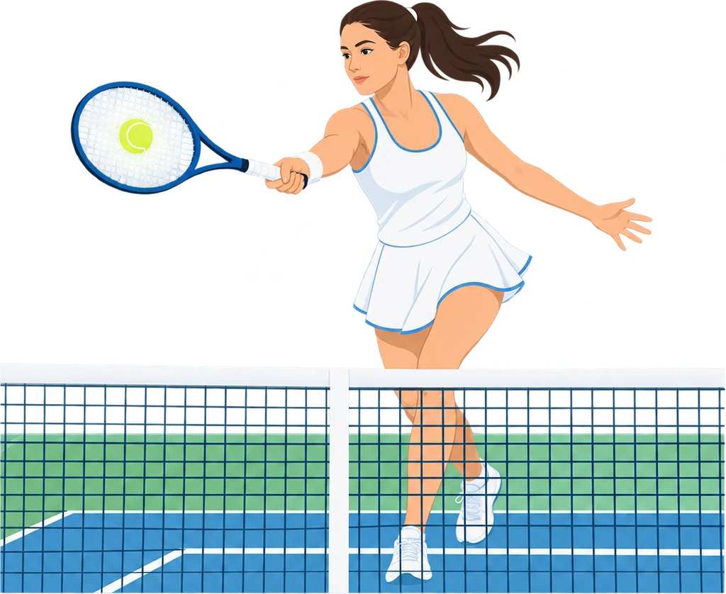 Un joueur de tennis posté près du filet frappe une volée de coup droit sur un court en dur, vu de profil.