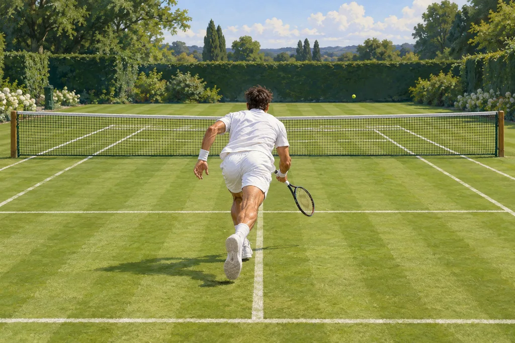 Joueur de tennis qui vient de servir et court vers le filet, raquette prête pour la première volée.
