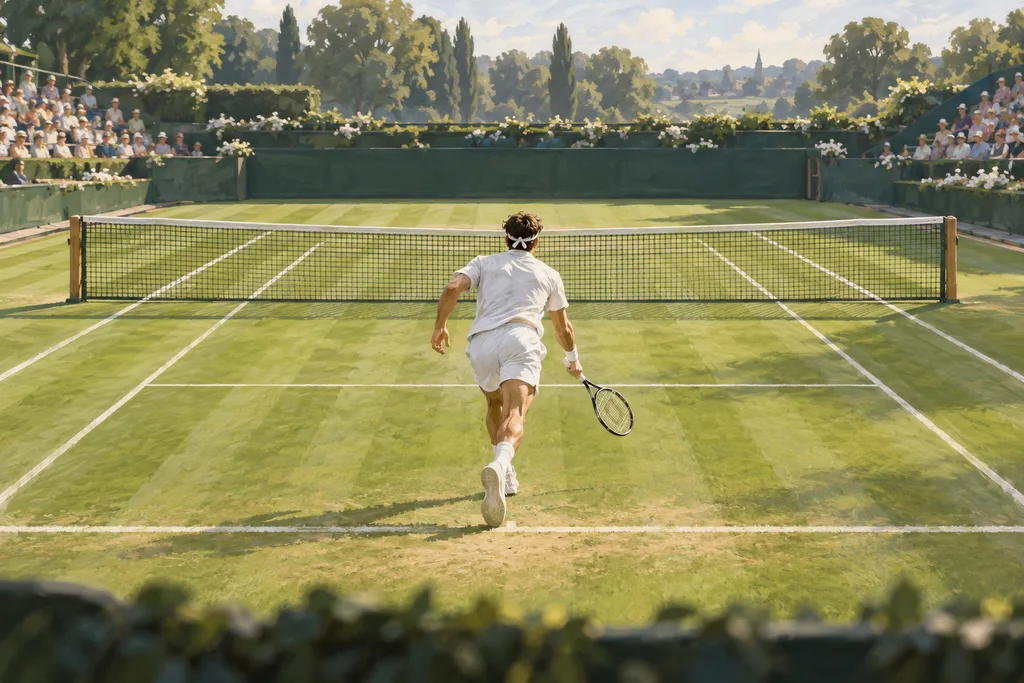 Joueur professionnel montant au filet après son service sur un court central en gazon, vu depuis les tribunes.