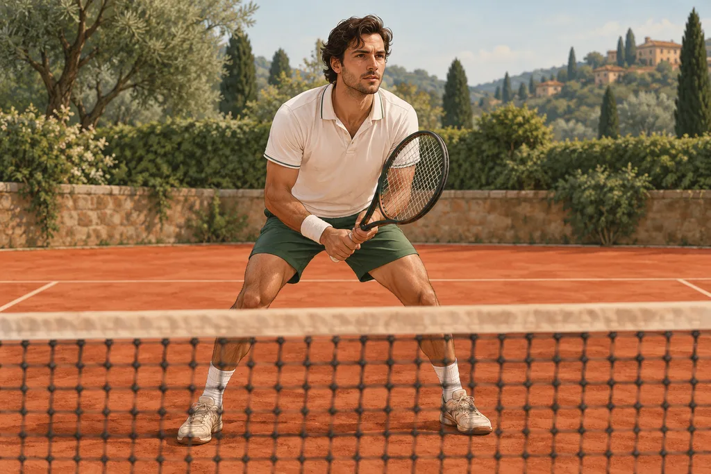 Joueur de tennis de club en position d'attente près du filet, raquette devant lui, prêt à intercepter une balle.